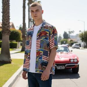 Vtg Silk Loop Collar Shirt Mens Large 1968 Corvette Hollywood USA Flag Button Up